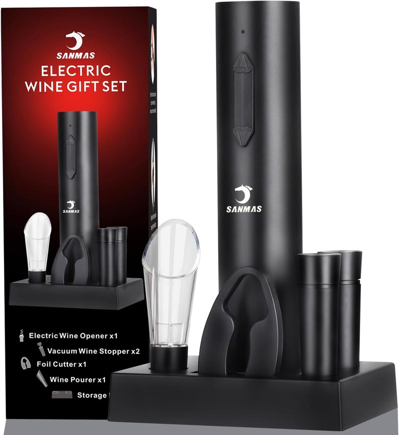 SUNMAS Rechargeable Electric Wine Opener Set, 5-in-1 Automatic Corkscrew with Foil Cutter & Wine Aerator Pourer, 2 Vacuum Stoppers, Type-C Cable & Stand | Complete Wine Accessories Kit Gift Box - Image 2